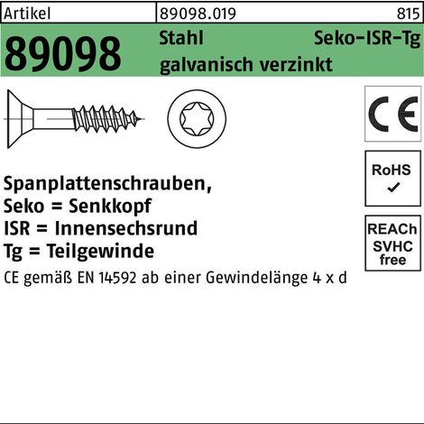 Spanplattenschraube R 89098 SEKO Innensechsrund TG 4,5 x 80/48 -T20Stahl galvanisch verzinkt 200 Stück