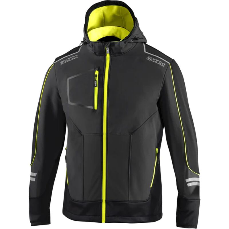 Image of Dc Tech giacca softshell da lavoro grigio scuro/giallo fluo Tg. xl inserti di rinforzo e strisce riflettenti con cappuccio removibile Grigio