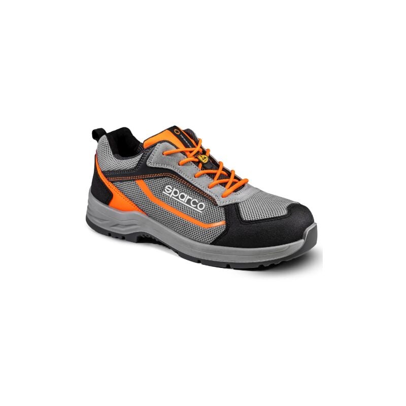 Image of Sparco Indy Pato ESD S1PS SR FO LG scarpa bassa antinfortunistica N.37 grigio/arancio fluo in pelle scamosciata con rinforzi tessuto ultratraspirante