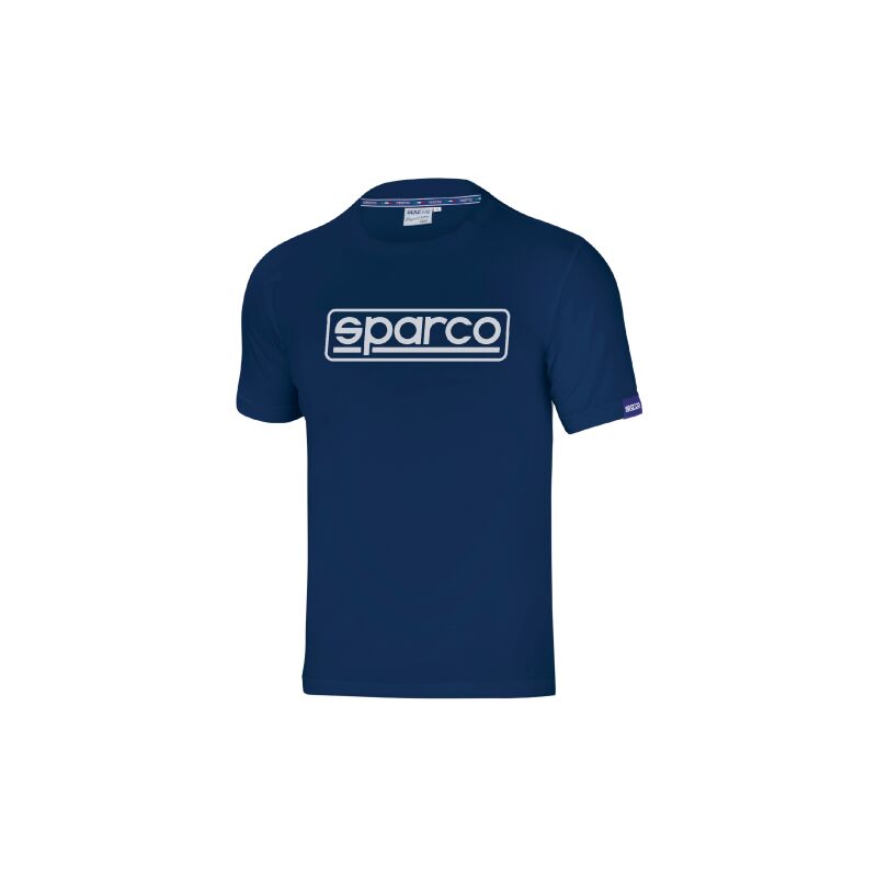 Image of Sparco t-shirt Frame in cotone mezze maniche TG.L colore blu marine con collarino interno collo e cavallotto con personalizzazione Sparco Blu marine L