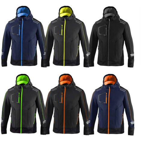 Sparco York tech soft shell taille L veste noir/orange fluo veste de travail d'hiver avec capuche amovible, inserts de renfort et bandes re'fle'chissantes Nero/Arancione Fluo L