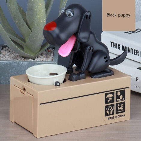 Spardose mit originellem Design, verziert mit einem kleinen Hund, der Geldscheine verschluckt dekorative und verspielte schwarze ABS-Spardose für Kinder (16,5 x 8 x 17 cm)