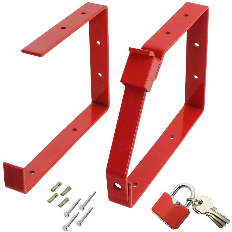 Spares2go - Universal Lockable Wall Ladder Rack Brackets and Padlock Set (Red)