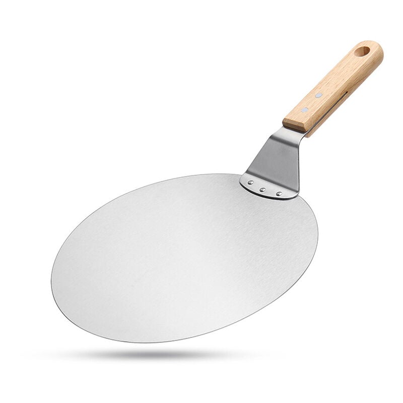 Spatule à pizza en acier inoxydable de 10 pouces, outil de cuisson, manche en bois, grande spatule ronde, transfert de gâteau multifonctionnel