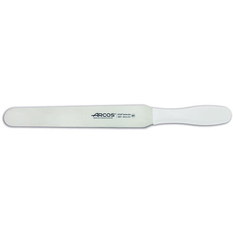 Spatule Arcos Couleur - Prof 299124 en acier inoxydable Nitrum et mango Polypropylène blanc ergonomique avec lame de 25 cm, dans une vitrine.