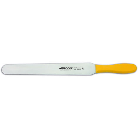 Spatule Arcos Couleur - Prof 299200 en acier inoxydable Nitrum et mango Lame ergonomique en polypropylène jaune avec lame de 30 cm, dans une vitrine.