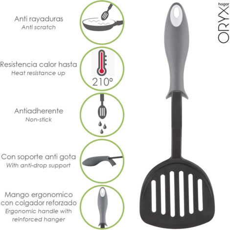 Spatule de cuisine en nylon avec manche caoutchouté anti-goutte 34,5 x 11 cm.