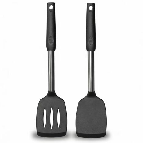 Spatule En Silicone - Lame Pleine Et Égouttante - Manche En Acier Inoxydable Recouvert De Silicone - Résistant À La Chaleur Jusqu'à 230 °C - Pour Poisson Œufs Crêpes Wok - Lot De 2
