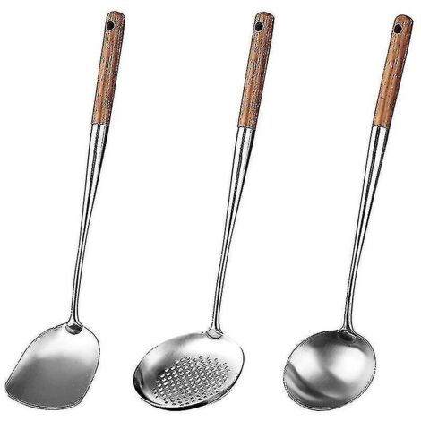 Spatule et louche pour wok, ensemble d'ustensiles pour wok, spatule de 17 pouces pour wok -
