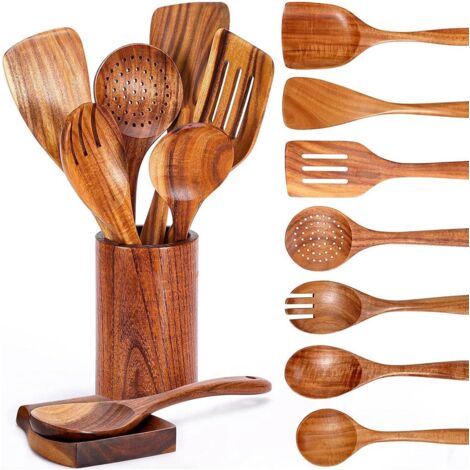 Spatules en bois, lot de 9, manche long, plates et antiadhésives, pour mélanger et cuire (15 à 35 pouces).