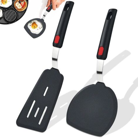 Spatules en silicone (lot de 2), larges spatules à crêpes pour œufs au plat, crêpes, poisson, hamburgers, steaks et autres plats (noir)