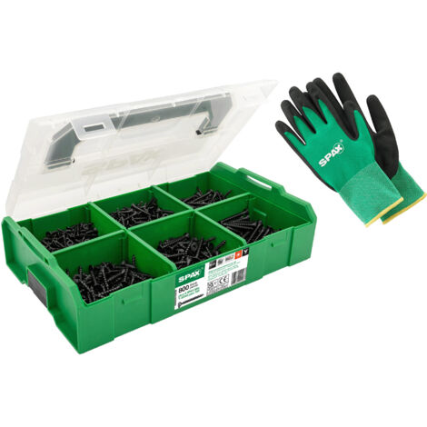 SPAX Coffret de montage L-BOXX Mini BLAX avec 800 vis universelles noires en 6 dimensions, avec 3 embouts T-STAR plus T20 et gants de travail – 8000000294631