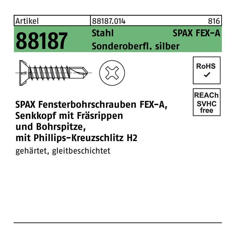 Fensterbohrschraube R 88187 Seko m.Kreuzschlitz-PH 3,9 x 32 -H Stahl Sonderoberfläche silber Sonderoberfl. silber / Stahl - Spax