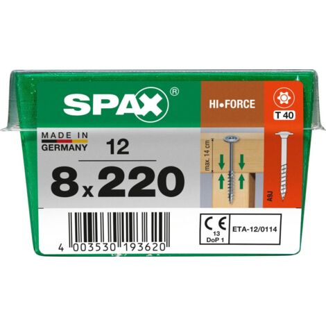 SPAX HI.FORCE, 8 x 220 mm, 12 Stück, Teilgewinde, Tellerkopf, T-STAR plus T40, 4CUT, WIROX - 4251010802217