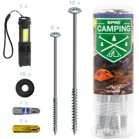 SPAX Kit de camping - 18 vis de tente, 2 embouts, 18 rondelles et lampe de poche, piquets à visser pour fixer la tente, le store, la voile, le pavillon – 8000000294600