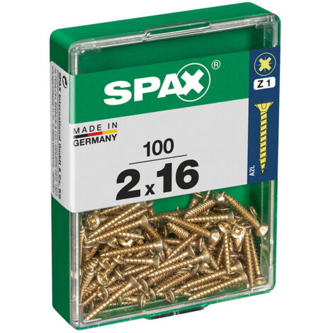 Spax – Lot de 100 vis à bois tête plate Yellox 2,0x16mm – Acier – Empreinte Pozidriv pour vissage rapide – Pointe en S