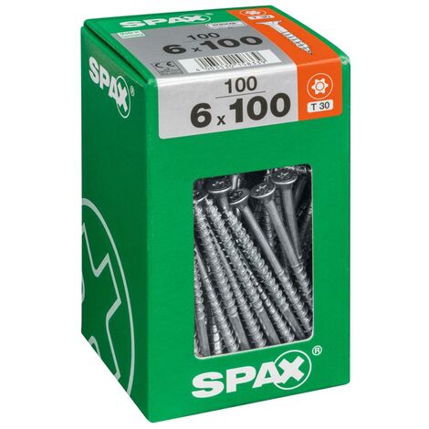 Spax – Lot de 100 vis à bois en acier – Tête fraisée T30 – Diamètre 6 mm – Longueur 100 mm – Réduction épissurage pour bois dur