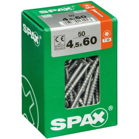 Spax – Lot de 50 vis acier tête fraisée torx 4,5 mm x 60 mm – Vissage rapide sans éclat – Pour bois dur et teck – Normes CE/ETA
