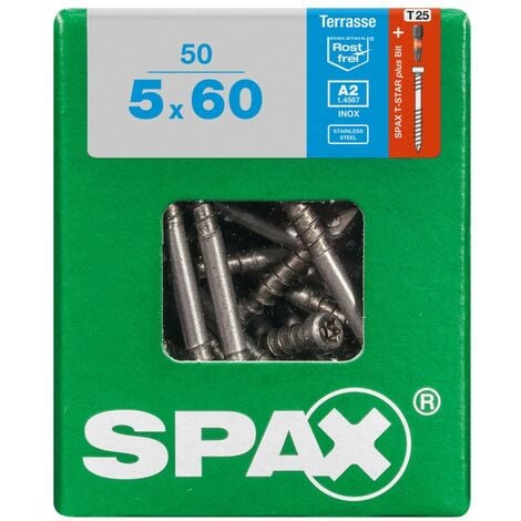 SPAX Terrassenschraube, 5 x 60 mm, 50 Stück, Fixiergewinde, Zylinderkopf, T-STAR plus T25, CUT-Spitze - 4507000500607