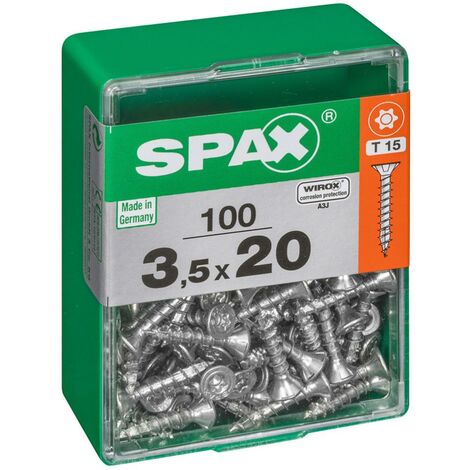 Spax – Vis à bois 3,5 x 20 mm – Lot de 100 unités – Tête fraisée T-STAR plus T20 – Filetage total – Acier WIROX anti-corrosion