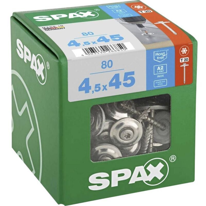 4577000450456 Vis de ferblantier 4.5 mm 45 mm t-star plus acier inoxydable A2 80 pc(s) - Spax