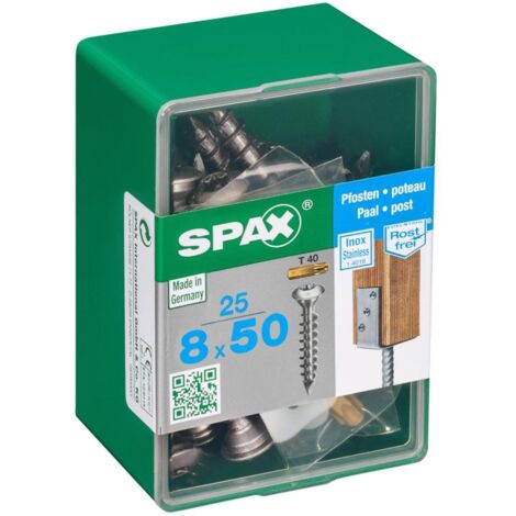 Spax – Lot de 25 vis inox tête fraisée bombée Torx T40 – Diamètre 8 mm – Longueur 50 mm – Acier inoxydable A1 pour fixation extérieure