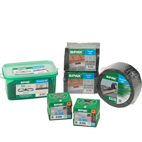 SPAX Vis pour terrasse, 5 x 60 mm, équipement de base pour la construction de terrasses, 6 qm, filetage de fixation, tête cylindrique, T-STAR plus, pointe CUT, acier inoxydable A2 - 5000009100049
