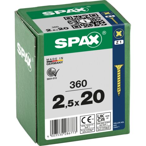 SPAX Vis universelle, 2,5 x 20 mm, 360 pcs., Tête centrante, Tête fraisée, Cruciforme Z, 4CUT, YELLOX, 8000000286773