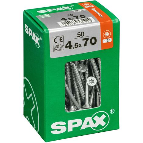 Spax Vis universelle, 4,5 x 70 mm, 50 unités, Filetage partiel, Tête fraisée, T-STAR plus T20, 4CUT, WIROX - 4191010450707