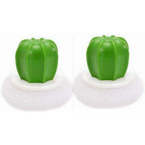 Spazzola da cucina creativa a forma di cactus, spazzola per piatti in acciaio inox con manico in plastica bianca.
