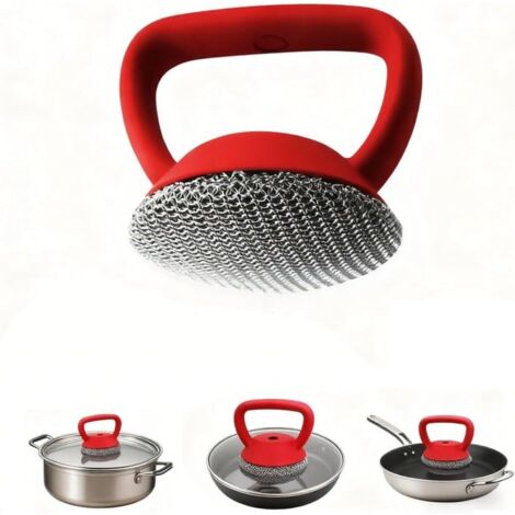 Spazzola da cucina multifunzionale con manico ergonomico in silicone e catenella in acciaio inox 316, ideale per la casa e il campeggio.