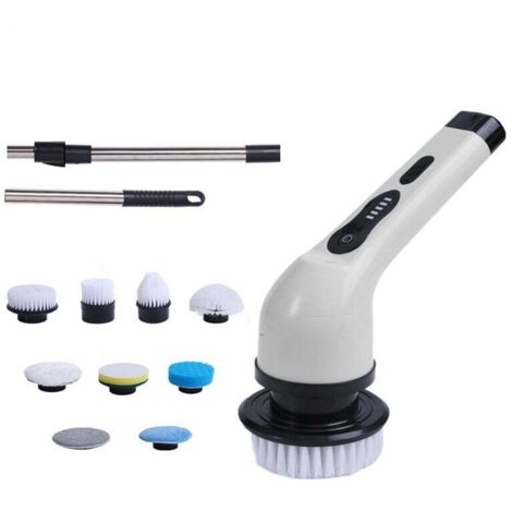 Spazzola elettrica per pulizia senza fili con 9 testine sostituibili, scopa elettrica per vasca da bagno e piastrelle 360 con manico regolabile per bagno, cucina,(Bianco)