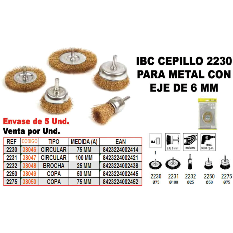 Spazzola metallica IBC circolare da 75 mm + albero da 6 mm