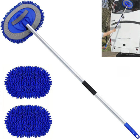 Spazzola per autolavaggio in microfibra da 157 cm con manico lungo e 2 testine di ricambio, set per lavaggio auto, spolverino, per la camper, blu