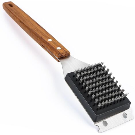 Spazzola per barbecue, spazzola per la pulizia del barbecue 2 in 1, spazzola per la pulizia del barbecue con manico in legno di grandi dimensioni, spazzola per griglia per barbecue, spazzola per grigl