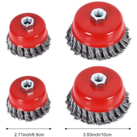 Spazzola per la pulizia dei metalli, set di 4 spazzole coniche per smerigliatrice angolare, spazzola abrasiva in acciaio ritorto per smerigliatrice angolare (diametro 75 mm e 100 mm, M14)