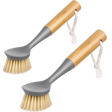 Spazzola per piatti con raschietto integrato nel manico in bambù, spazzola per pavimenti per la pulizia di piatti, pentole e lavelli da cucina, set da 2 (grigio)