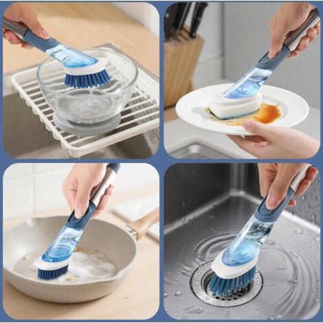 Spazzola per piatti con serbatoio, spazzola per la pulizia regolabile con erogatore di liquido, set di 4 testine per pentole, padelle, lavelli, spazzola da cucina da 28,5 cm con supporto, blu