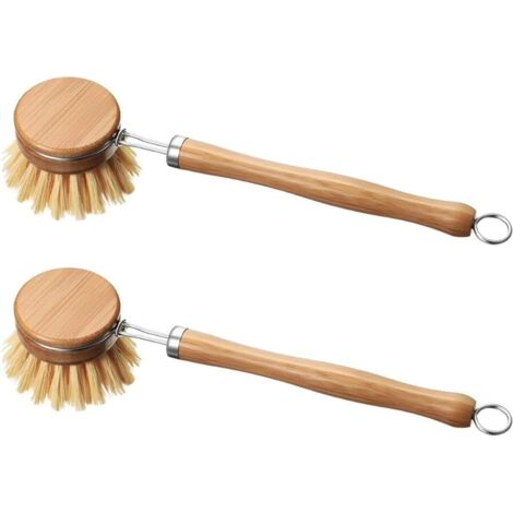 Spazzola per piatti in bambù con testina sostituibile, spazzola per la pulizia di pentole e padelle, spazzole per lavastoviglie con manico lungo, spazzole da cucina con manico in legno (colore origina