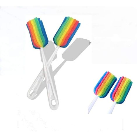 Spazzola per pulizia in spugna morbida, set di spazzole per pulizia multifunzionale e versatile con manico lungo in plastica per tazze e biberon (colori arcobaleno)