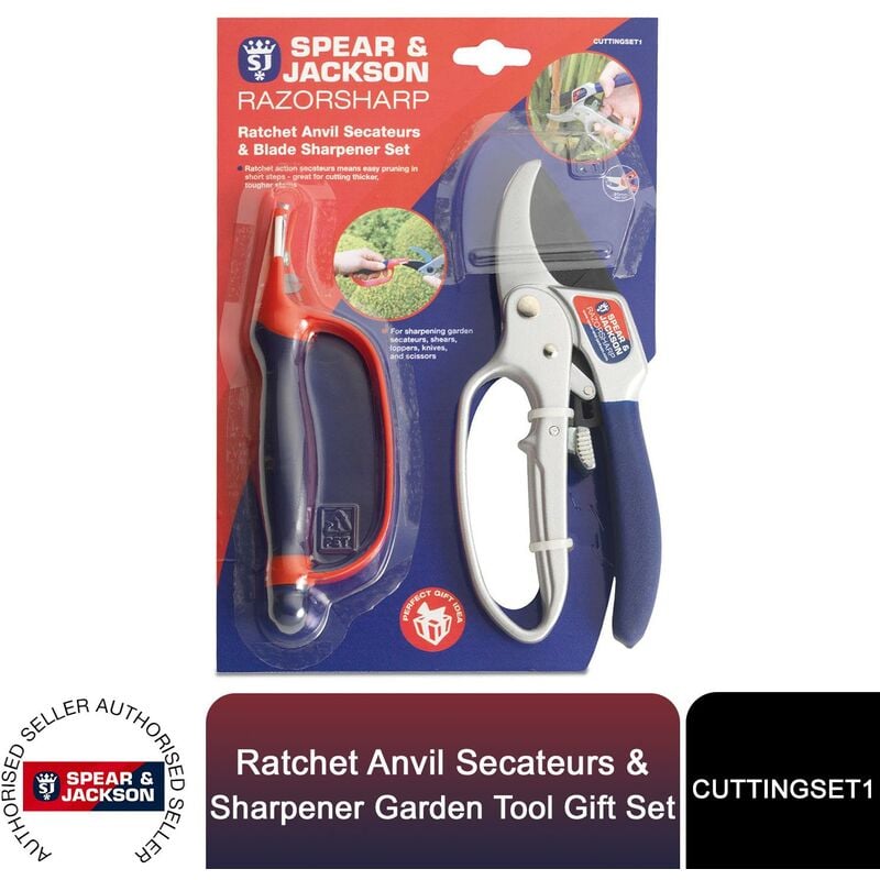 Gift Set of Ratchet Anvil Secateurs & Sharpener Garden Tool - Spear&jackson