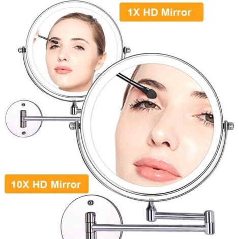 Specchi per il trucco a LED da 8 pollici, specchio ingranditore illuminato da parete, ingrandimento 1x/10x, ricarica USB, girevole a 360° ed estensibile, per bagni e