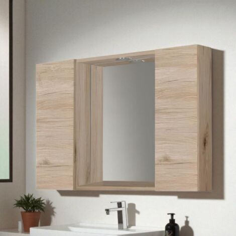 Specchiera bagno in legno 81 cm a 2 ante con faretto LED Quercia Naturale