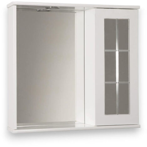Specchiera bagno mobiletto pensile in legno bianco laccato con anta a specchio stile inglese con luce led ed interruttore Sally