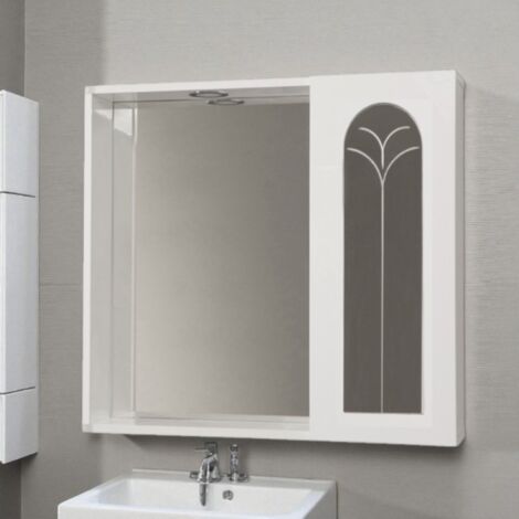 Specchiera contenitore con anta palme e luce Led  Bianco Lucido 68 cm