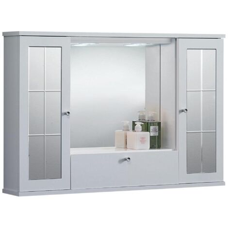 Specchiera mobile contenitore da bagno MERCURIO 90 bianco lucido a 2 ante con specchi e luce LED