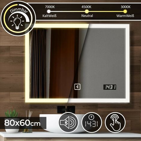 Specchio da bagno con LED connessione Bluetooth e altoparlante con orologio