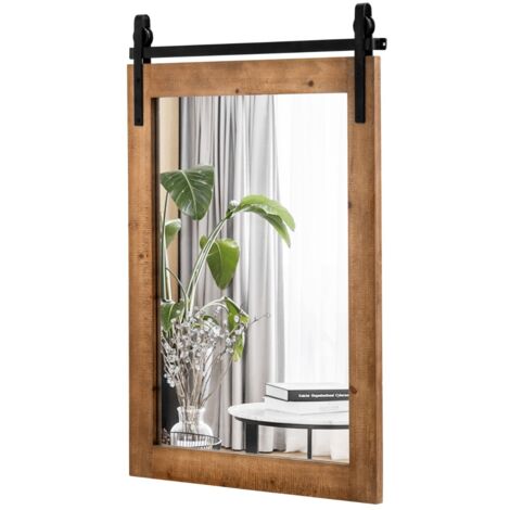 Specchio a parete farmhouse 76,5x56cm, Specchio a muro rettangolare con cornice in legno staffa in metallo Marrone