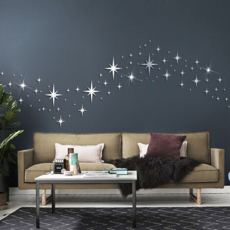 Specchio a stelle, 82 adesivi murali 3D a forma di stella argentata, rimovibili, autoadesivi, per bambini, ideali per decorare camera da letto e soggiorno (argento)