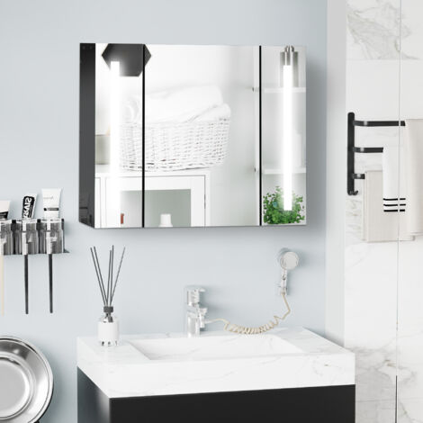 Specchio Bagno Contenitore, Armadietto con Specchio da Bagno a Parete in MDF con 3 Armadietti, 3 Ripiani e Luce LED, 90x15x65 cm, Nero
